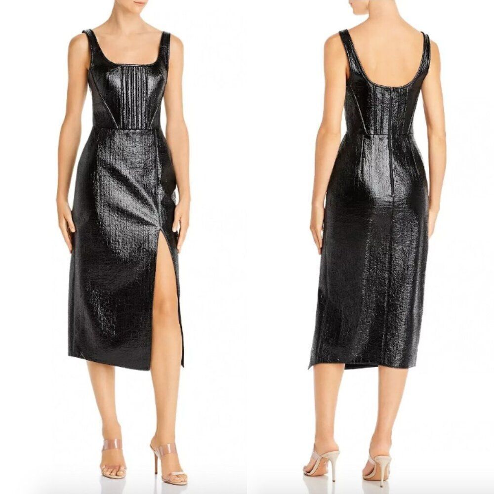 NWT David Koma black faux pebbled patent leather corset sheath slit midi dress